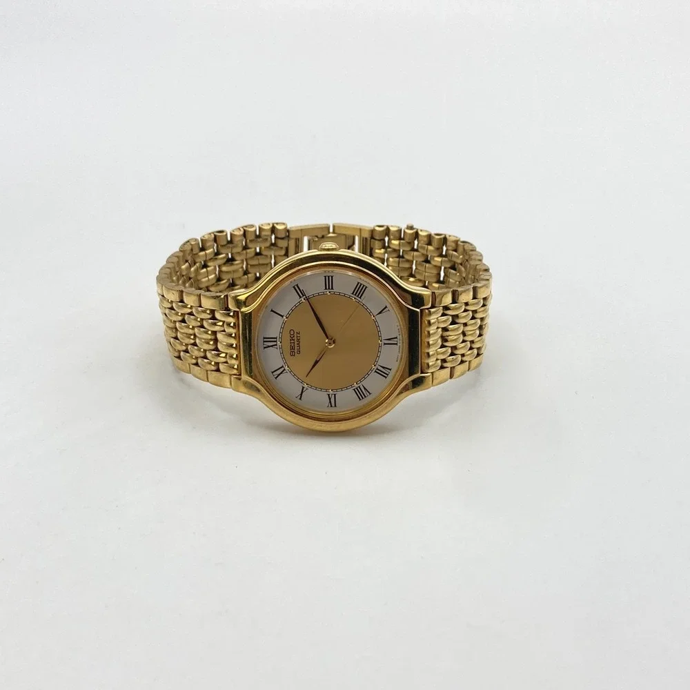 Vintage Seiko Men's Watch 34mm Gold Tone V701-6K69 New Battery SMALL 6.75